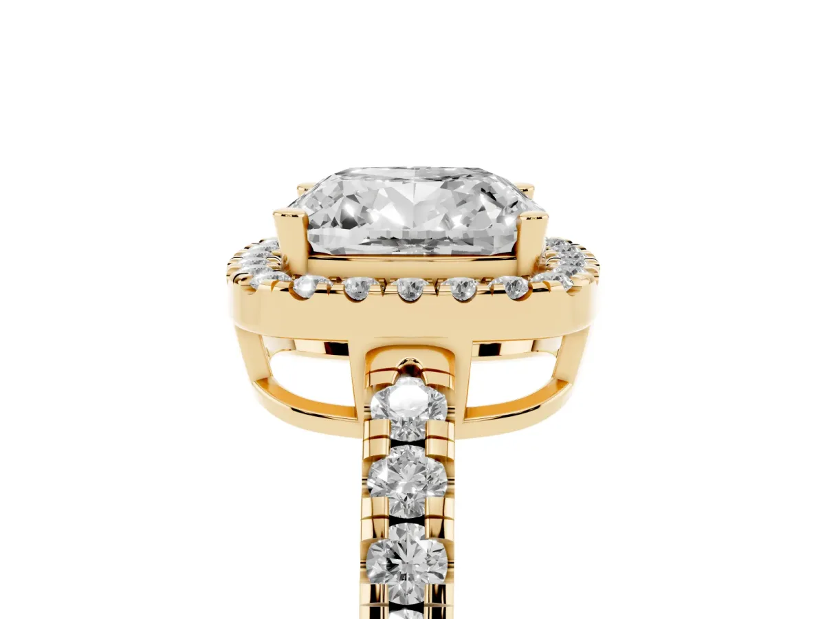 Cushion Cut Diamond Halo Ring with Pavé Band and Four-Prong Setting Yellow gold