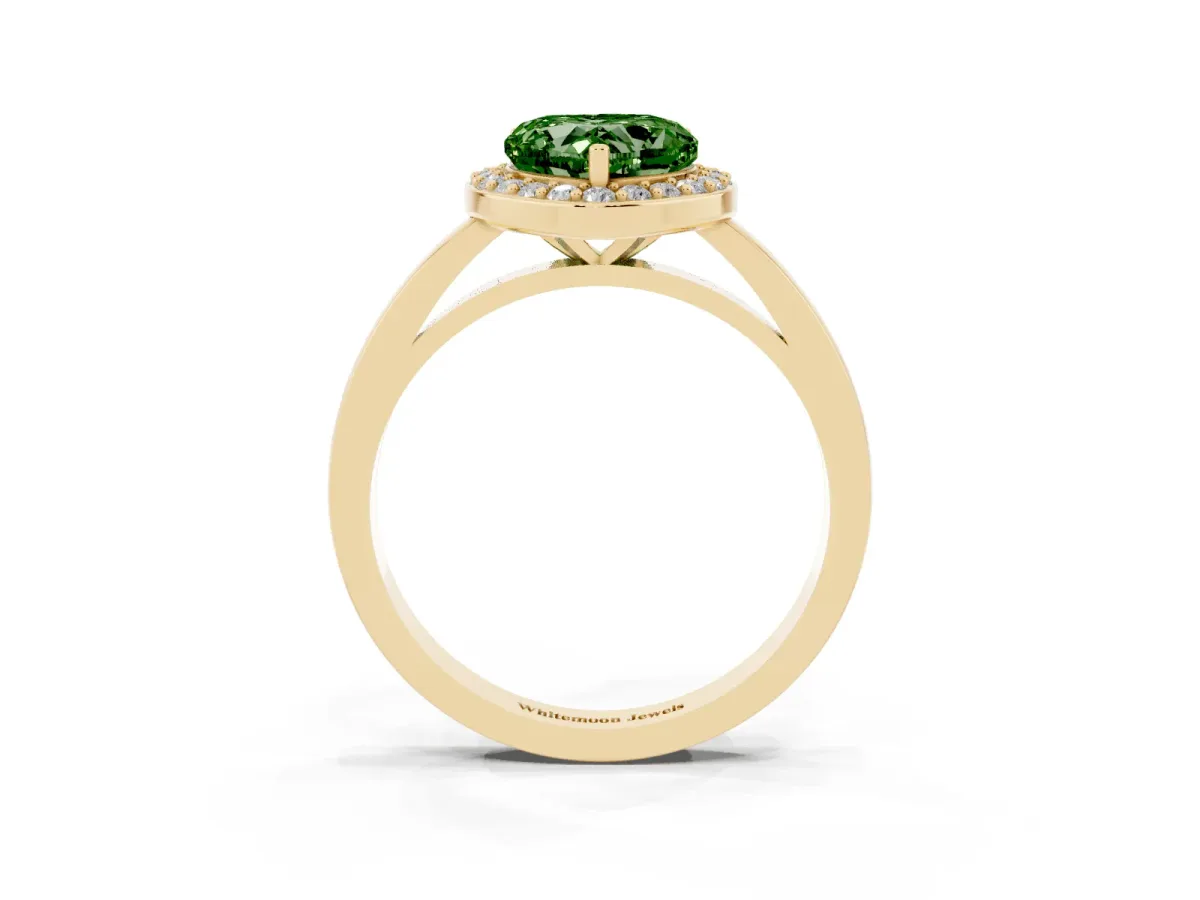 Fancy Green Heart Cut Halo Diamond Ring with Solitaire Band and Prong Setting Yellow gold