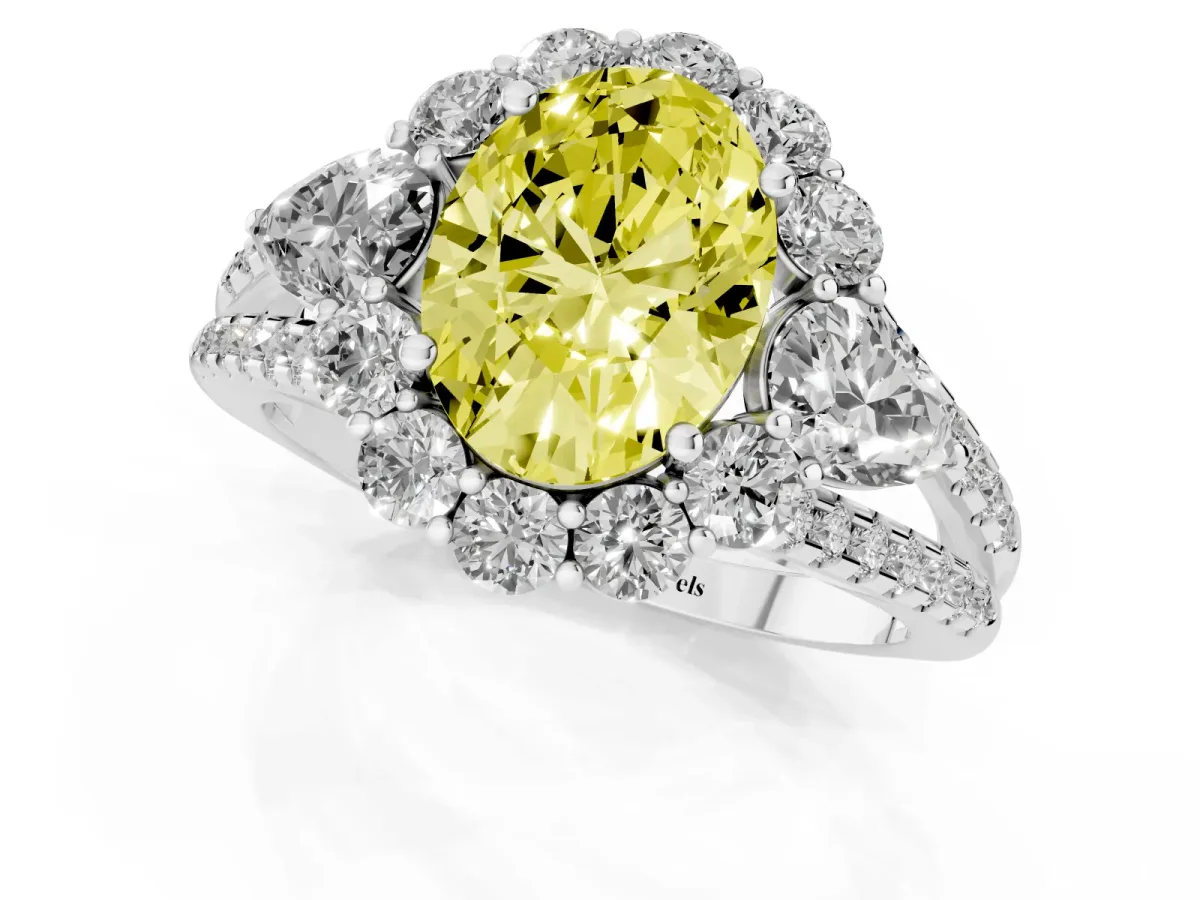 Fancy Yellow Oval Cut Halo Split Shank Diamond Engagement Ring with Prong Setting Silver