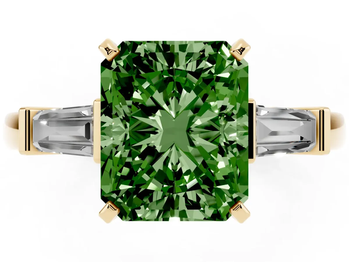 Fancy Green Radiant Cut Cut Diamond Solitaire Ring with Tapered Baguette Accents and Four-Prong Setting Yellow gold