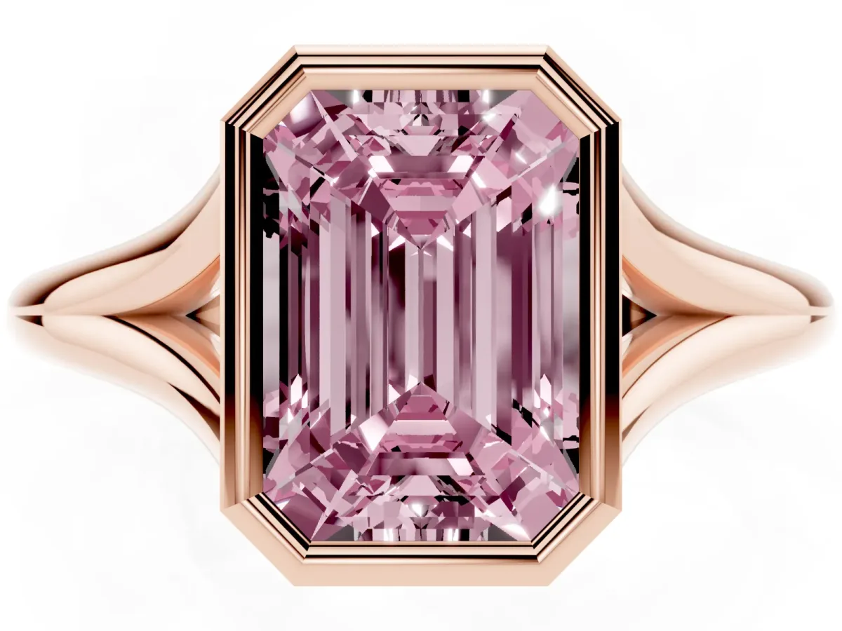 Fancy Pink Bezel Set Emerald Cut Cut Solitaire Ring with Tapered Band Rose gold