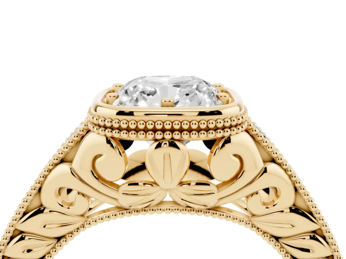 Bezel Set Cushion Cut Diamond Milgrain Pave Engagement Ring Yellow gold