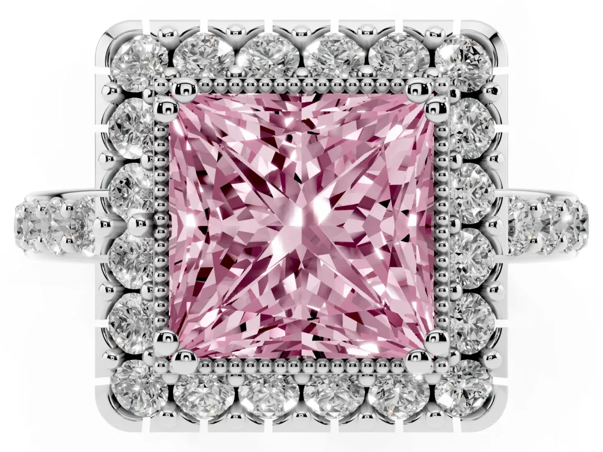 Fancy Pink Princess Cut Diamond Halo Ring with Pavé Band and Prong Setting Silver