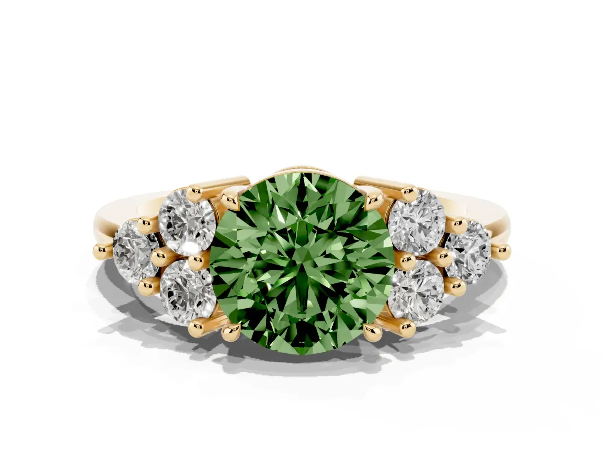 Fancy Green Round Cut Brilliant Diamond Cluster Accent Solitaire Ring with Prong Setting Yellow gold