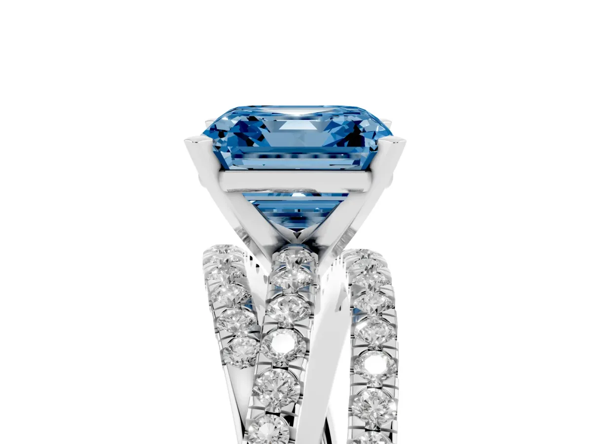 Fancy Blue Asscher Cut Solitaire Twist Band with Pavé Setting and Four-Prong Setting Silver