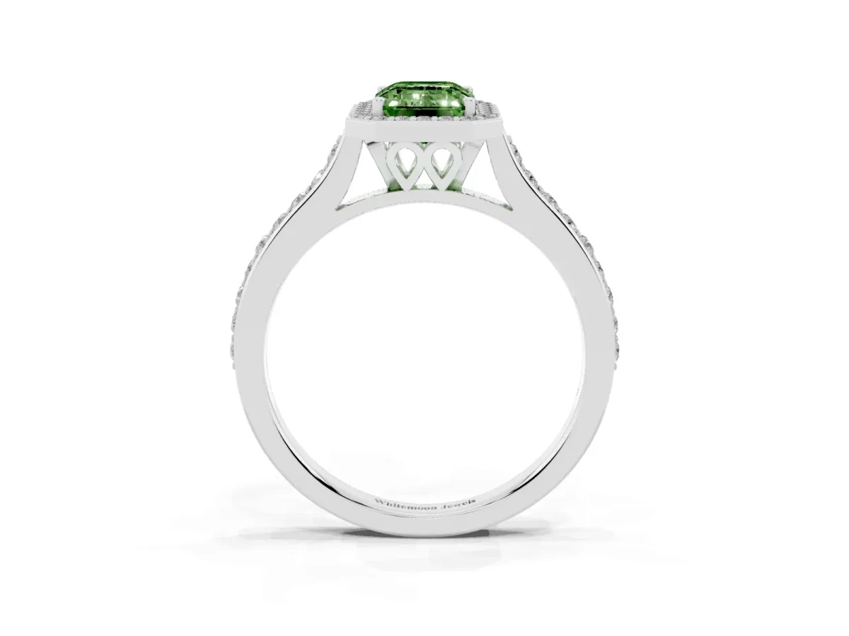 Fancy Green Emerald Cut Diamond Halo Engagement Ring with Round Pavé Shoulders and Prong Setting Silver
