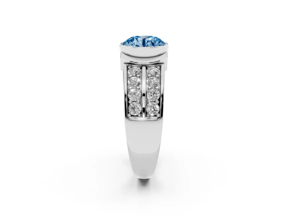 Fancy Blue Round Cut Brilliant Diamond Channel Set Wide Band Ring with Bezel Setting Platinum