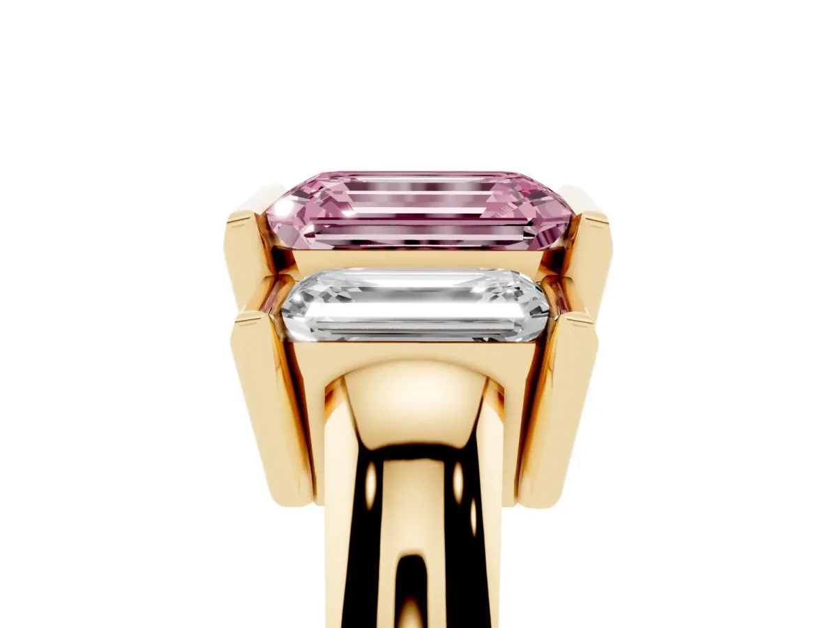 Fancy Pink Three Stone Emerald Cut Cut Channel Set Diamond Ring Yellow gold