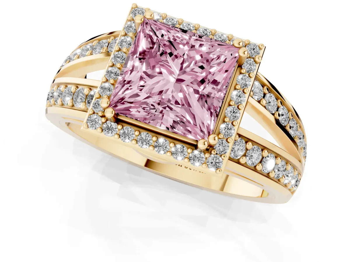 Fancy Pink Princess Cut Diamond Halo Ring with Split Shank Pavé Band and Four-Prong Setting Yellow gold