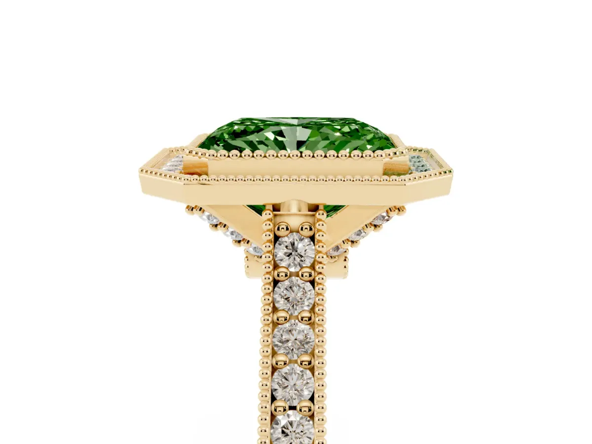 Fancy Green Halo Radiant Cut-Cut Diamond Pave Band Milgrain Prong Setting Ring Yellow gold