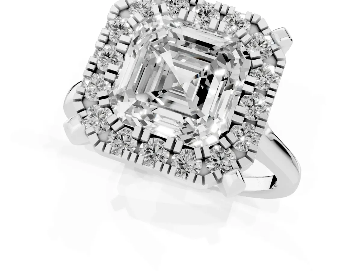 Asscher Cut Diamond Cluster Halo Solitaire with Four-Prong Setting White gold
