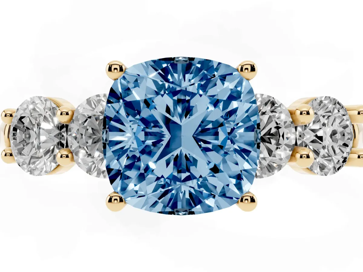 Fancy Blue Cushion Cut Cut Five-Stone Prong Set Diamond Ring with Classic Band Yellow gold