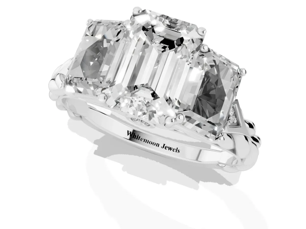 Three-Stone Radiant Cut Diamond Braided Band Ring with Four-Prong Setting Silver