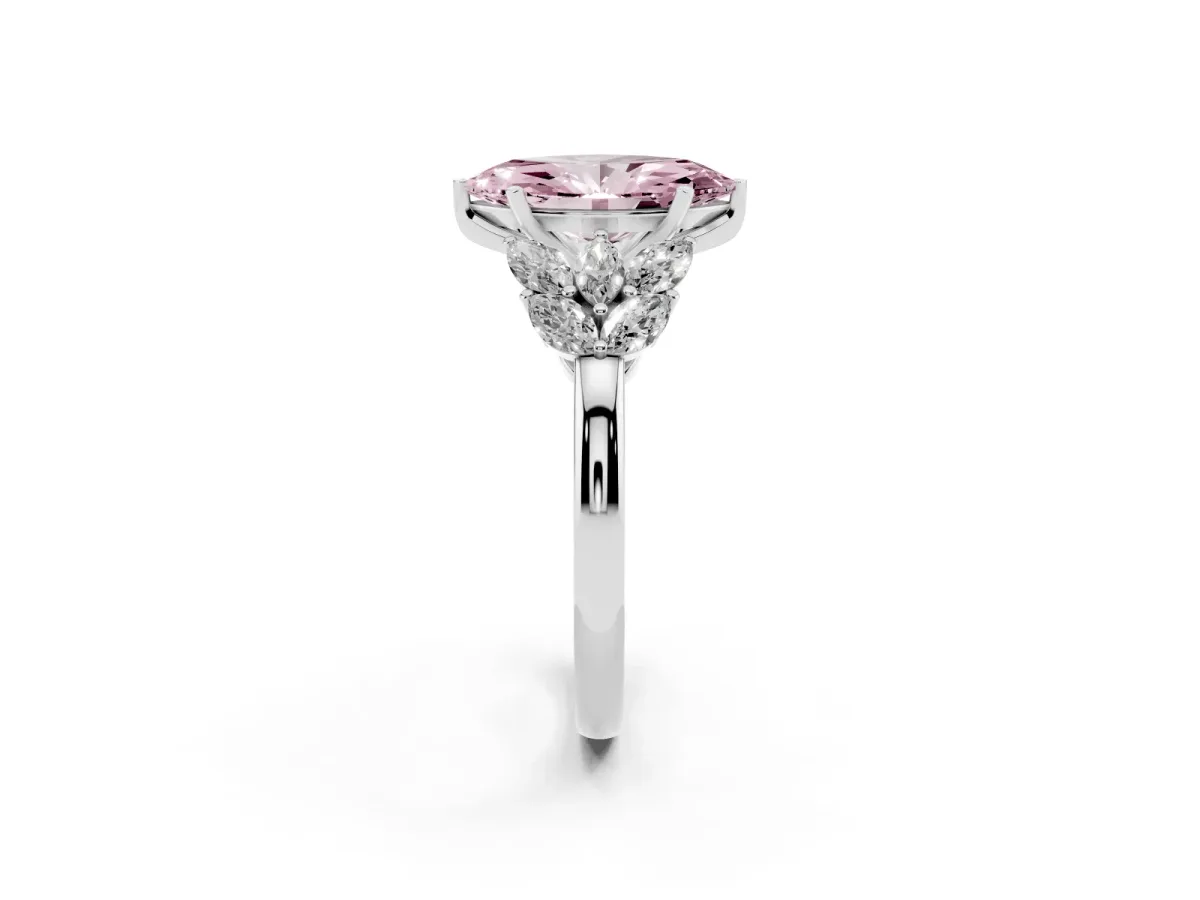 Fancy Pink Marquise Cut Diamond Cluster Leaf Design Ring with Prong Setting Silver