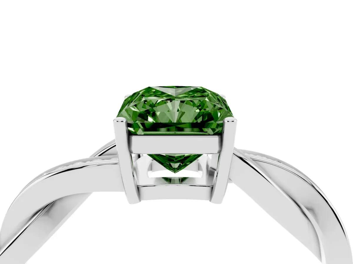 Fancy Green Radiant Cut Solitaire Twisted Pave Diamond Ring with Four-Prong Setting White gold