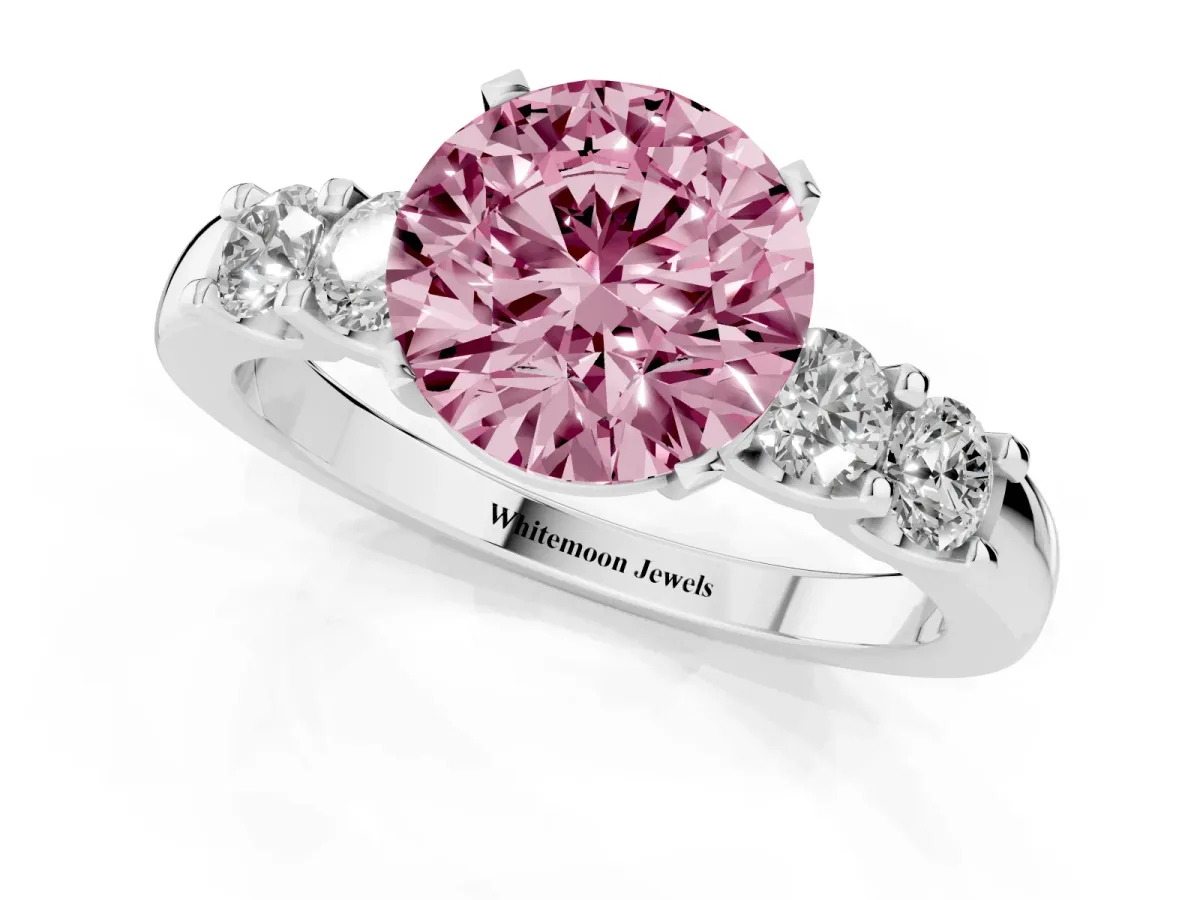 Fancy Pink Round Cut Brilliant Cut Diamond Five-Stone Prong Set Engagement Ring with Channel Band Platinum