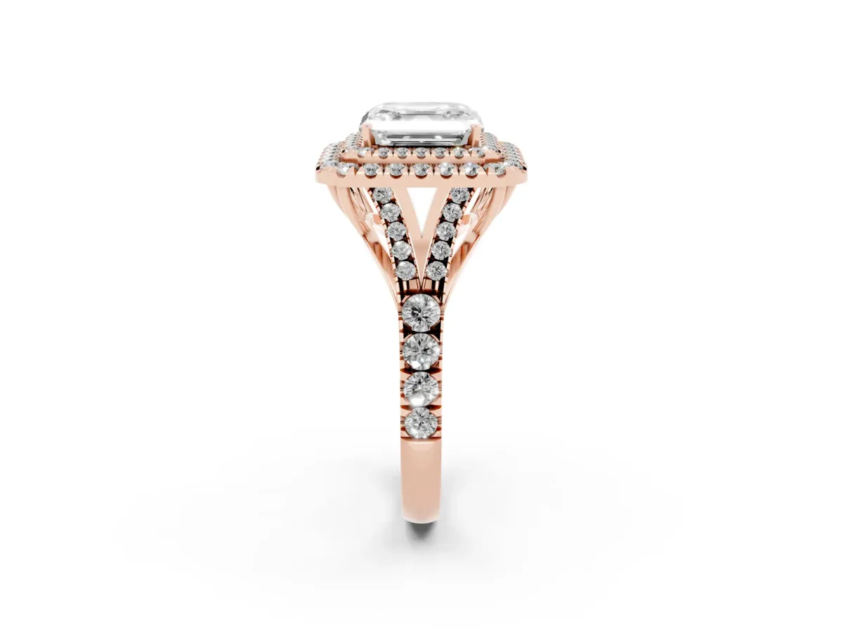 Asscher Cut Cut Double Halo Split Shank Diamond Ring with Prong Setting Rose gold