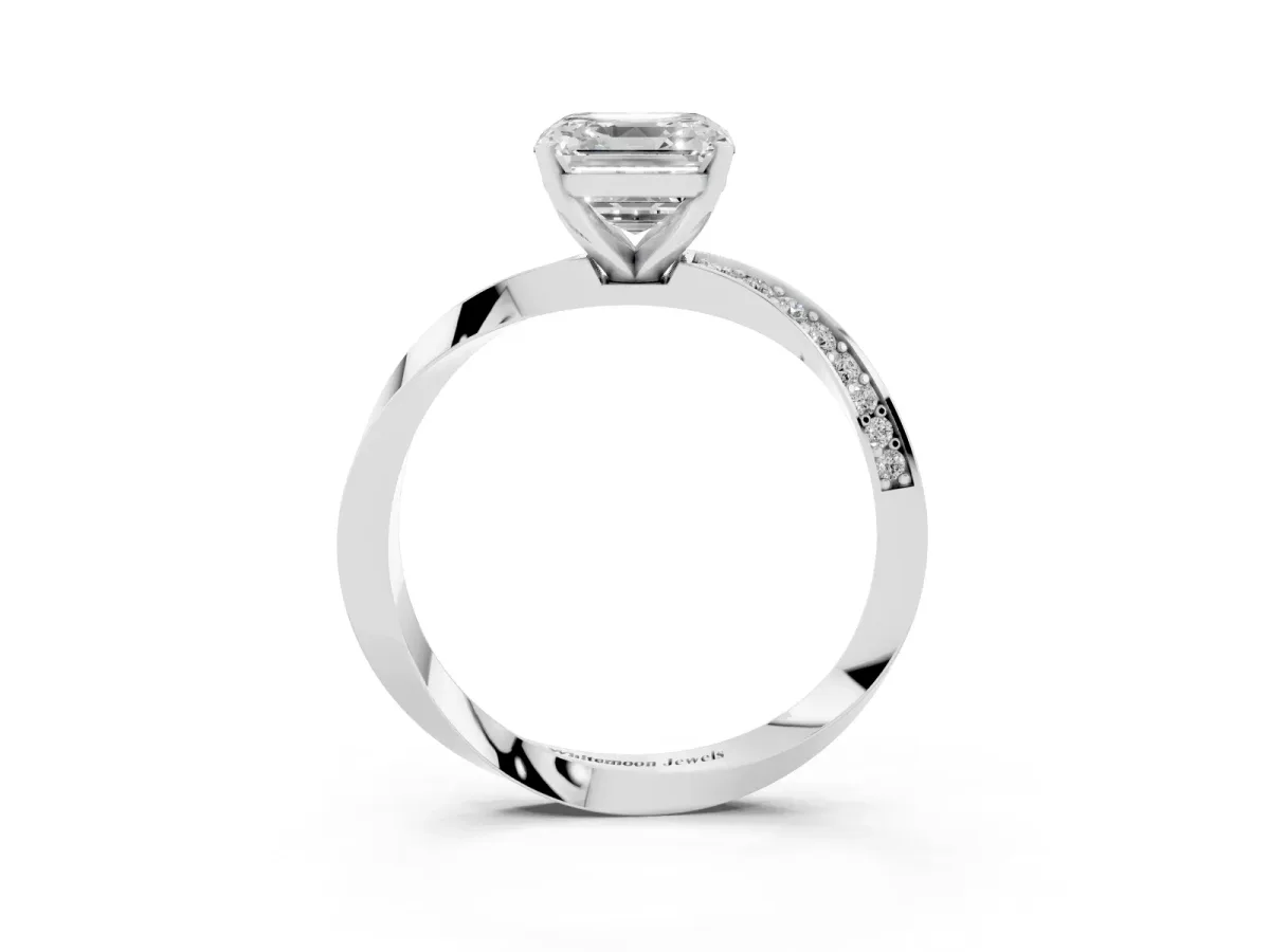 Asscher Cut Diamond Engagement Ring with Side Stone Accents and Four-Prong Setting Silver