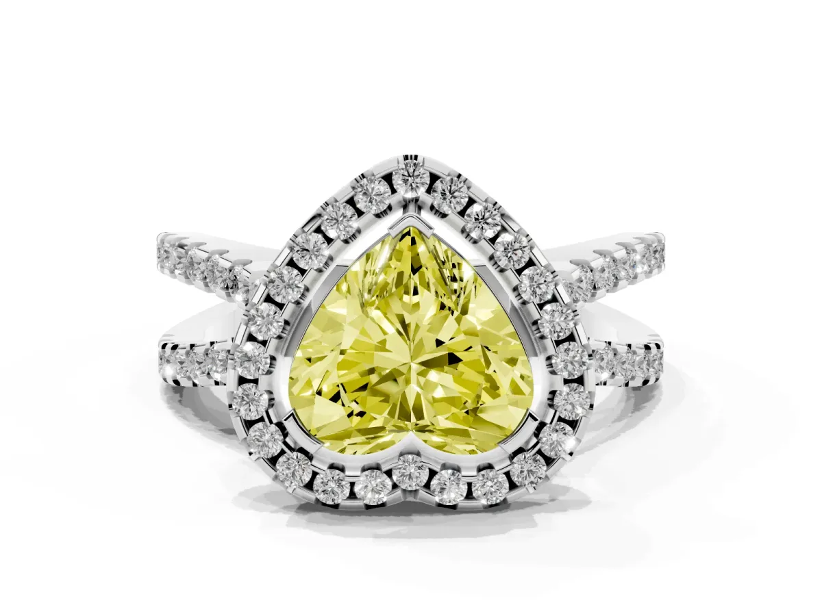 Fancy Yellow Heart Cut Diamond Halo Ring with Split Shank Pavé Band and Prong Setting Silver