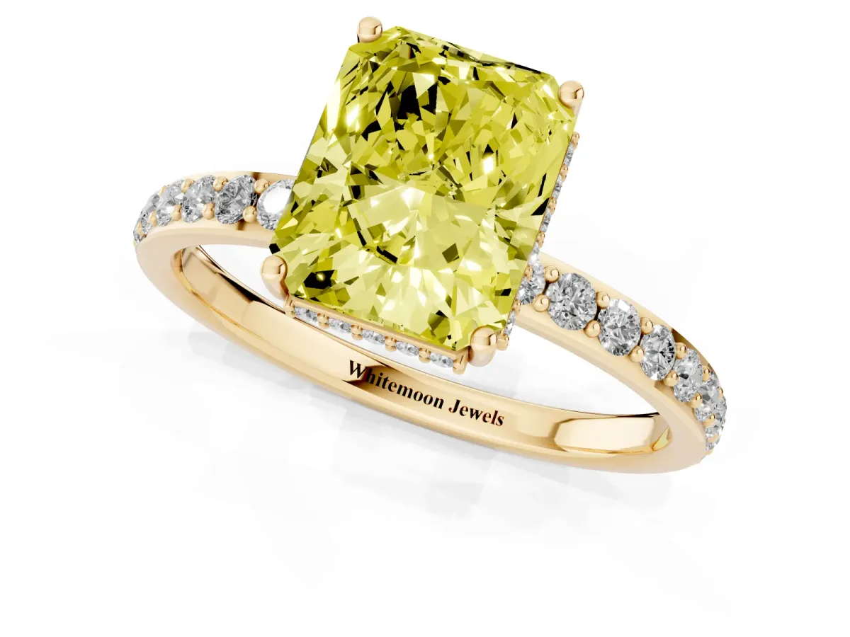 Fancy Yellow Radiant Cut Diamond Solitaire Ring with Pavé Band and Hidden Halo Yellow gold