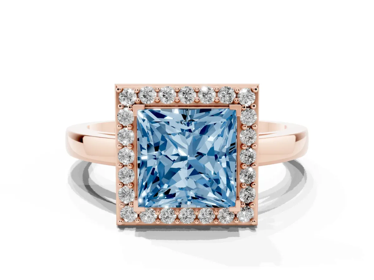 Fancy Blue Princess Cut Halo Diamond Ring with Solitaire Band and Prong Setting Rose gold