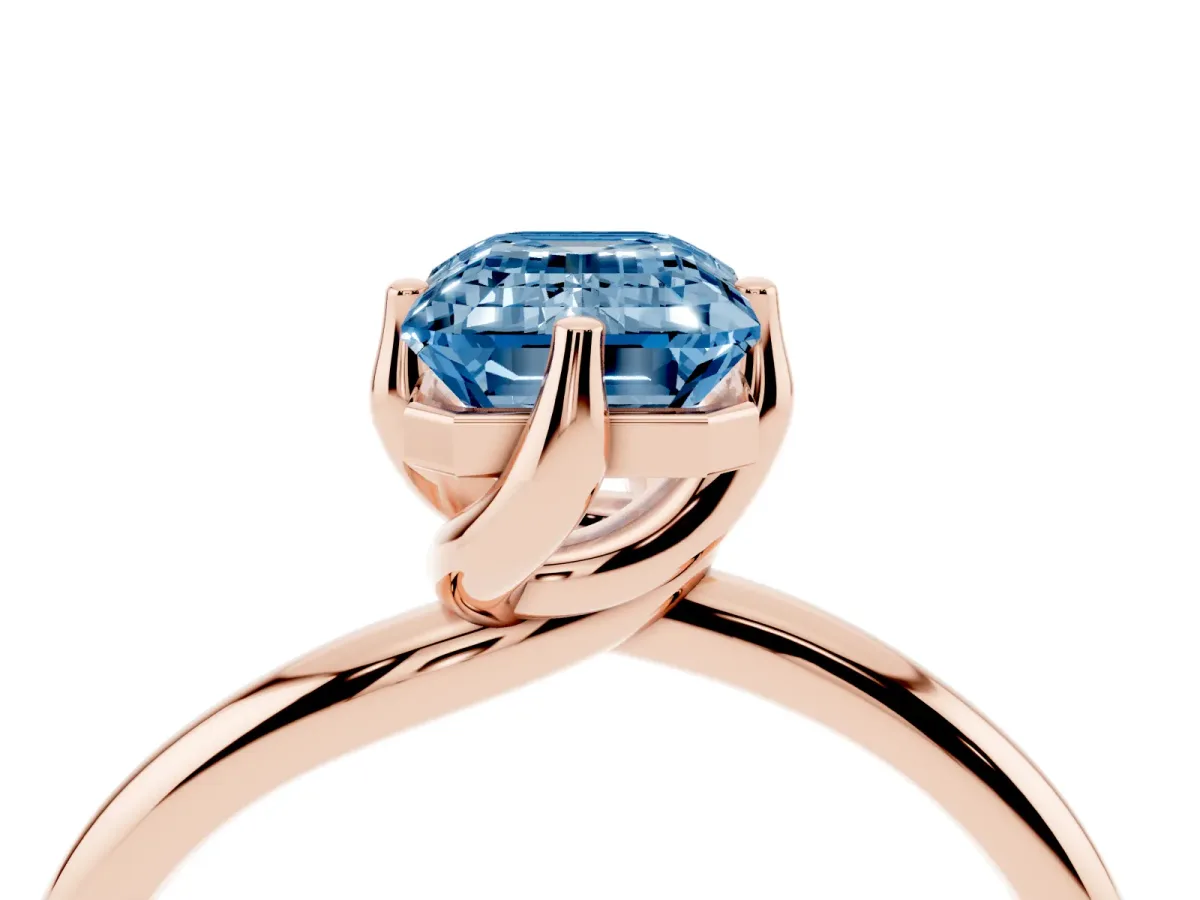 Fancy Blue Emerald Cut Diamond Solitaire Engagement Ring with Four-Prong Setting and Classic Band Rose gold