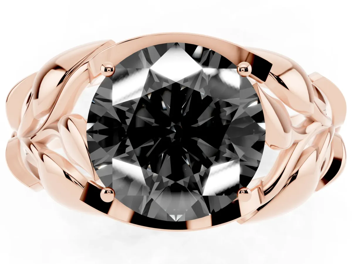Fancy Black Round Cut Diamond Leaf-Inspired Engagement Ring with Round Accents and Prong Setting Rose gold