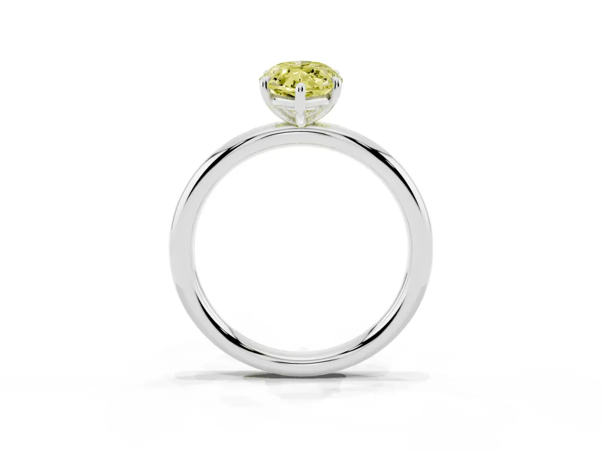 Fancy Yellow Oval Cut Solitaire Diamond Ring with Four-Prong Setting on a Plain Band Platinum