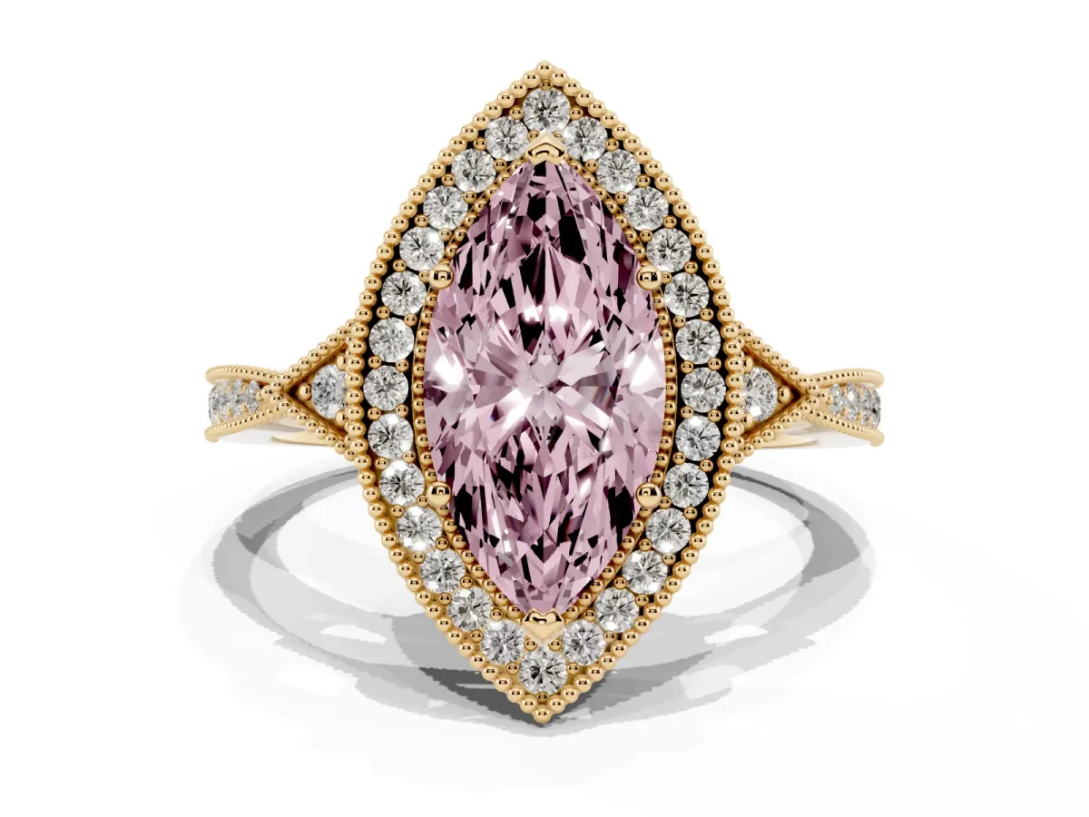Fancy Pink Marquise Cut Halo Round Diamond Milgrain Pave Engagement Ring Yellow gold