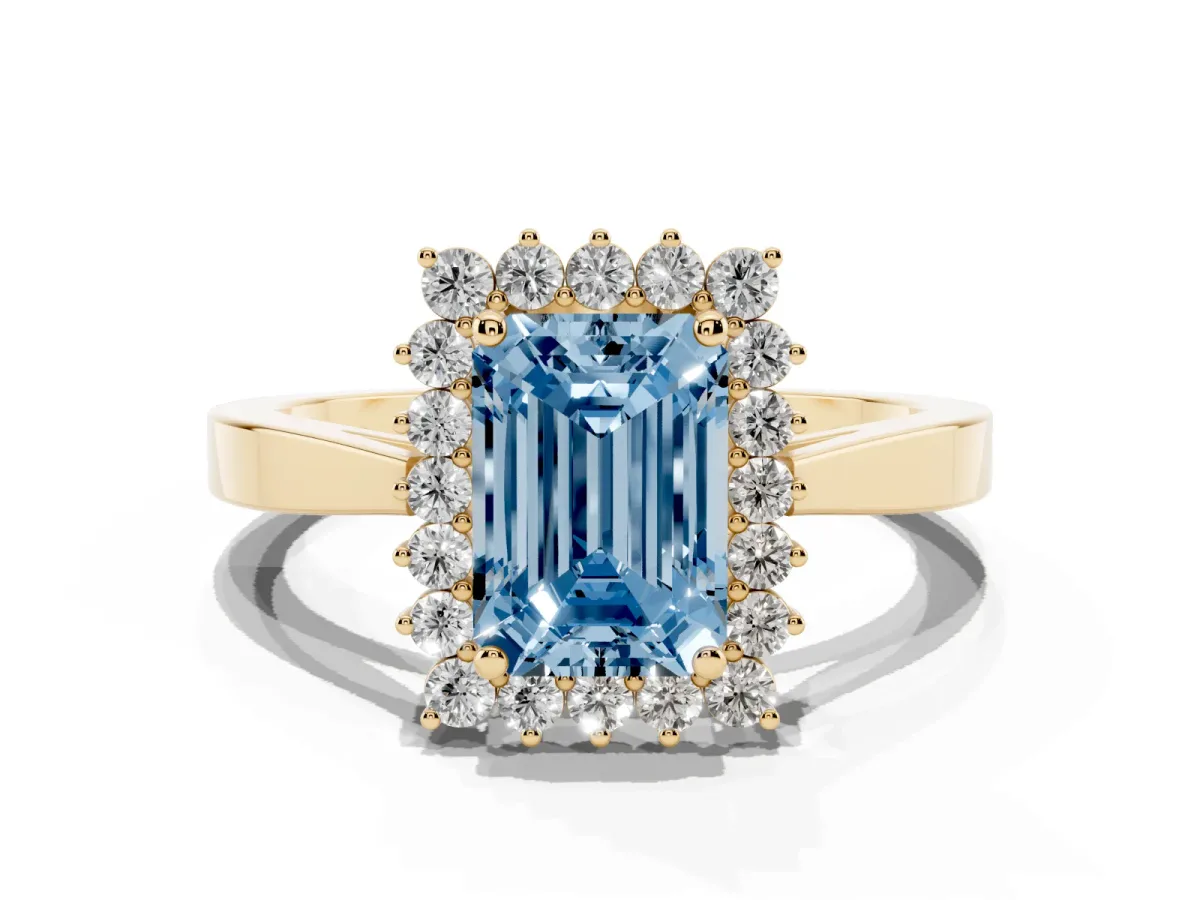 Fancy Blue Emerald Cut Cut Diamond Halo Ring with Round Brilliant Halo and Solitaire Band Yellow gold