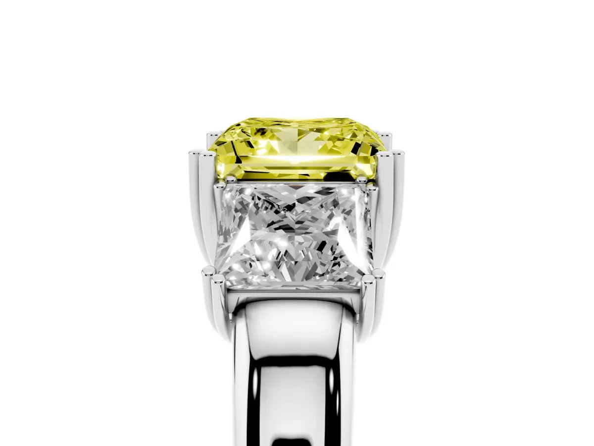 Fancy Yellow Three-Stone Princess Cut Cut Diamond Ring with Channel Set Band and Four-Prong Setting White gold