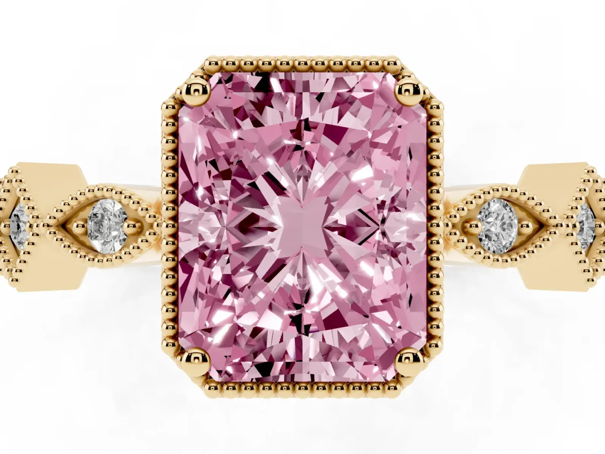 Fancy Pink Radiant Cut Milgrain Marquise Diamond Twist Band Ring Yellow gold