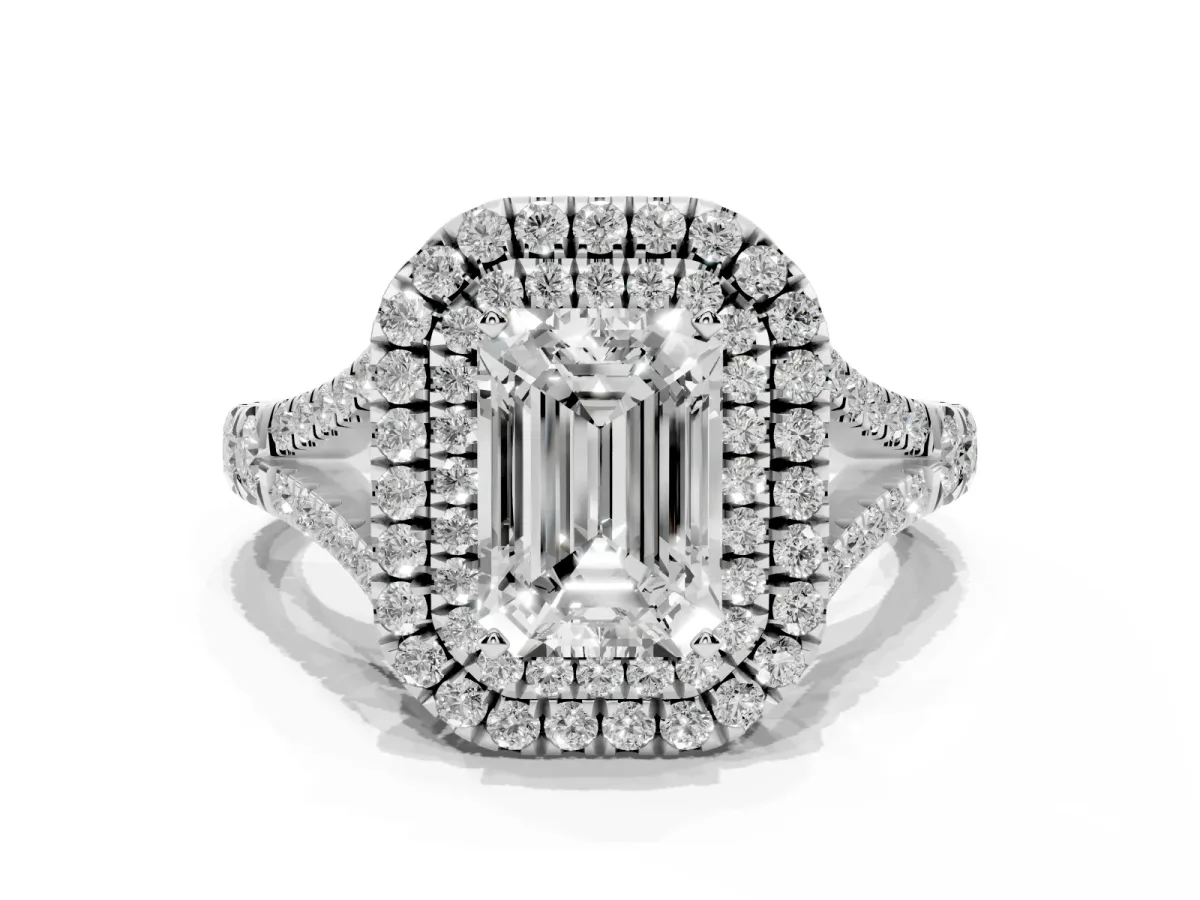 Emerald Cut Diamond Pavé Split Shank Double Halo Engagement Ring Silver