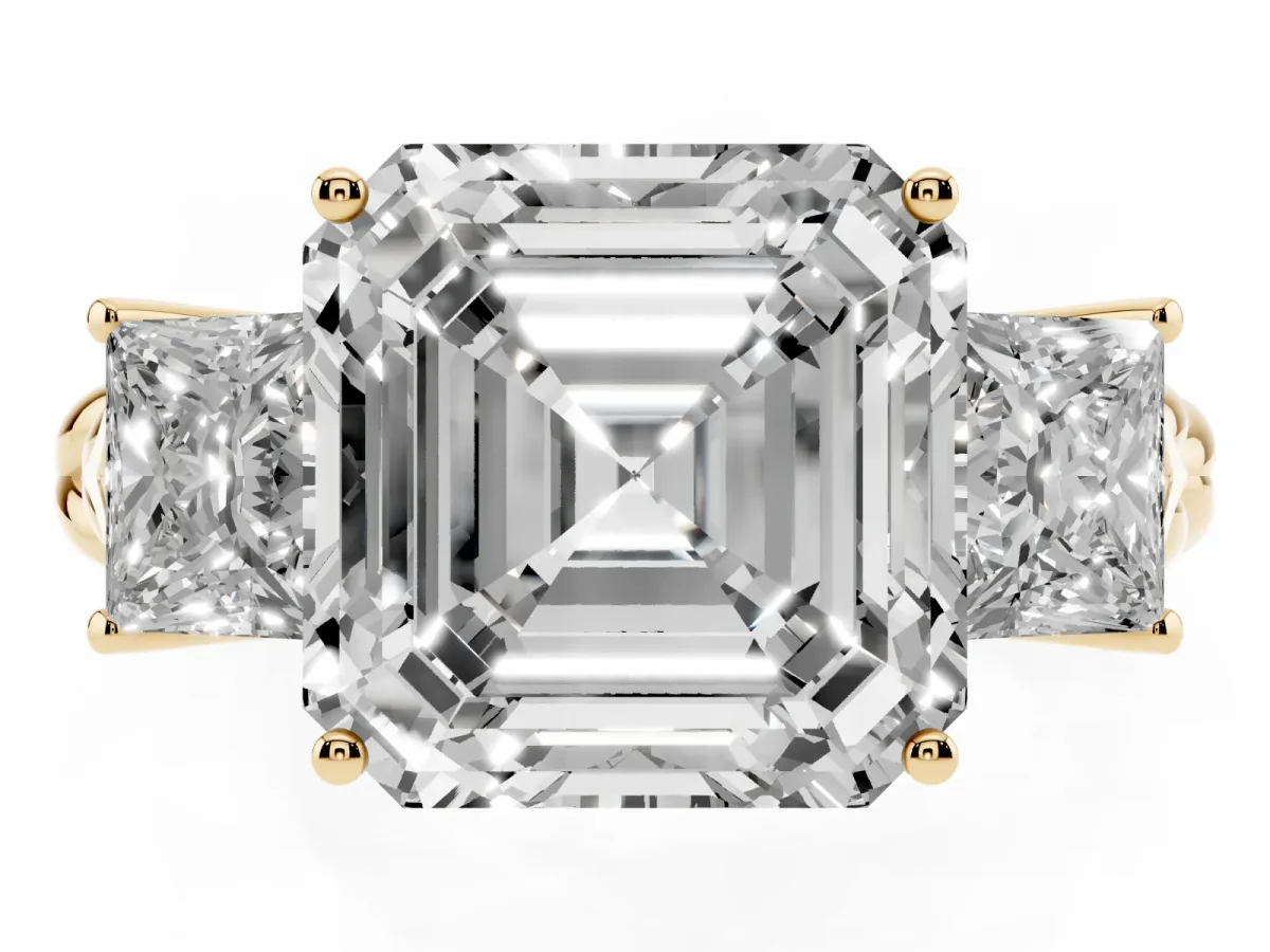 Three-Stone Asscher Cut Diamond Braided Band Ring with Four-Prong Setting Yellow gold