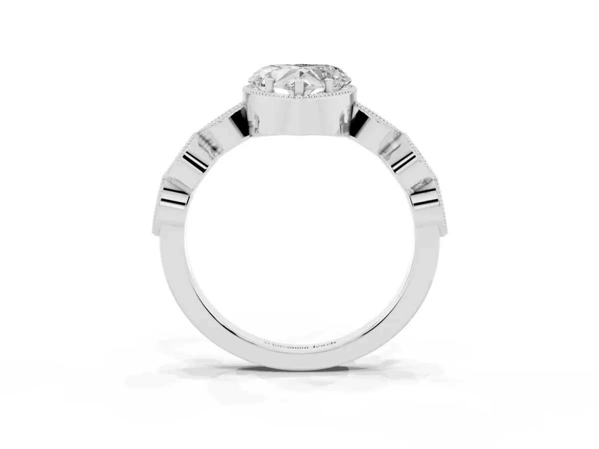 Heart Cut Diamond Vintage Milgrain Ring with Round Stations Silver
