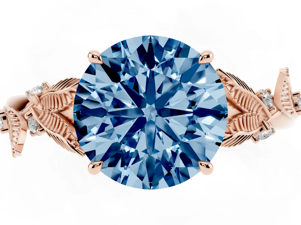 Fancy Blue Round Cut Diamond Solitaire Ring with Leaf Motif Band and Four-Prong Setting Rose gold