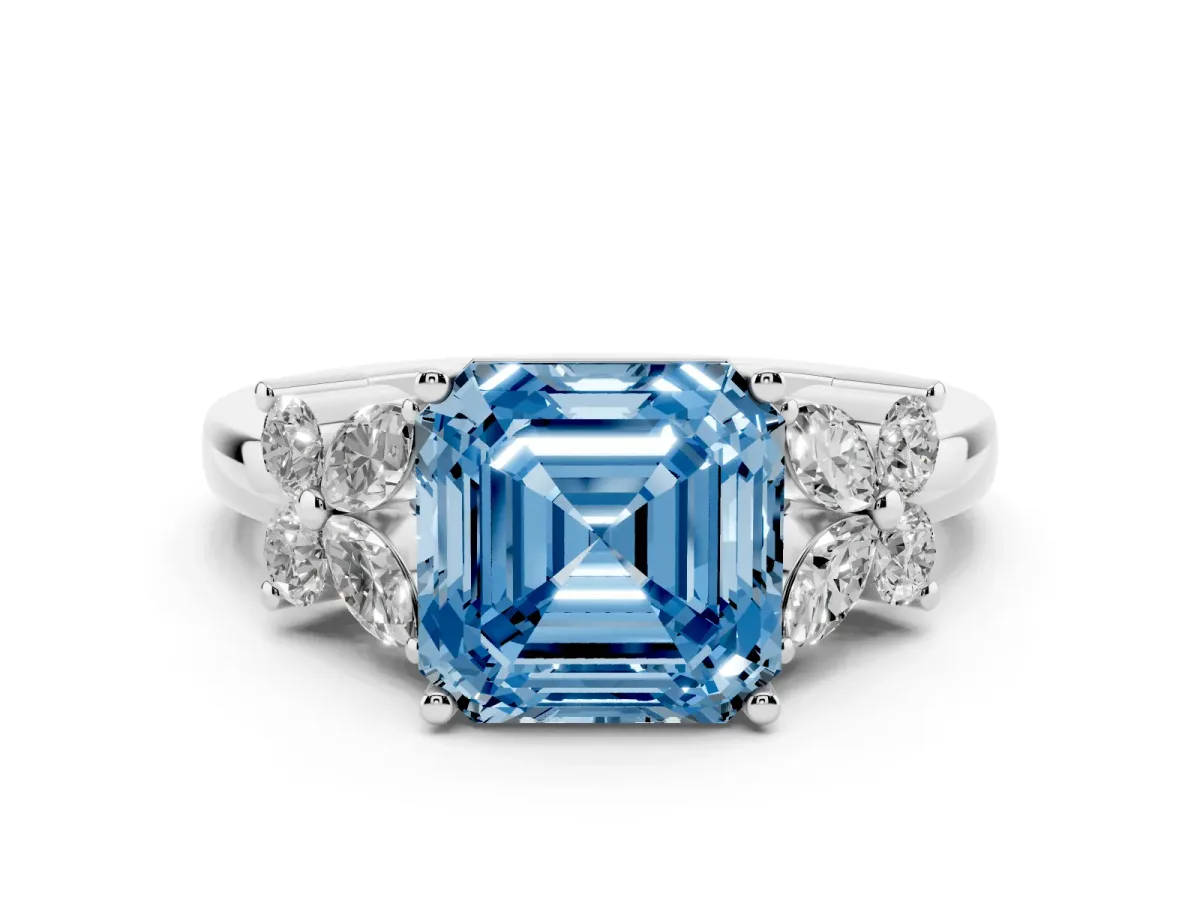 Fancy Blue Asscher Cut Diamond Floral Cluster Ring with Solitaire Band and Prong Setting Platinum