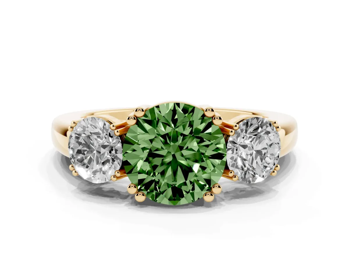 Fancy Green Three-Stone Round Cut Cut Diamond Ring with Channel Set Band and Four-Prong Setting Yellow gold