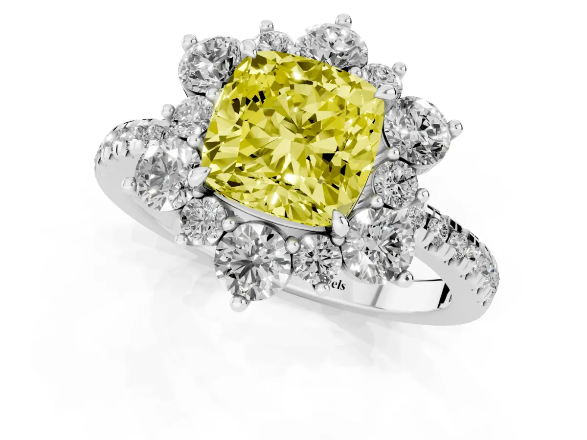 Fancy Yellow Cushion Cut Diamond Floral Halo Ring with Round Pavé Band and Prong Setting Silver