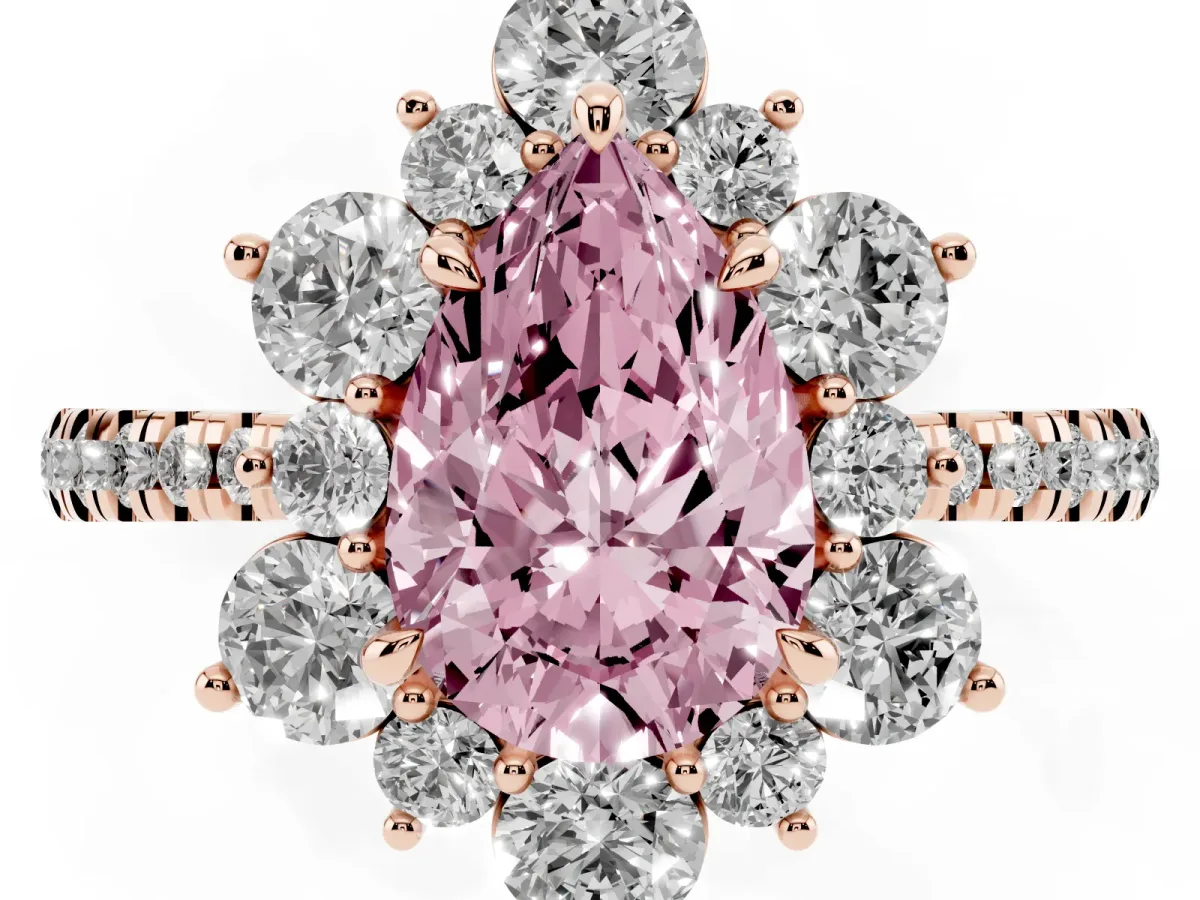 Fancy Pink Pear Cut Diamond Floral Halo Ring with Round Pavé Band and Prong Setting Rose gold