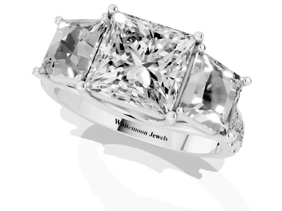 Three-Stone Princess Cut Diamond Pavé Band with Prong Setting Silver