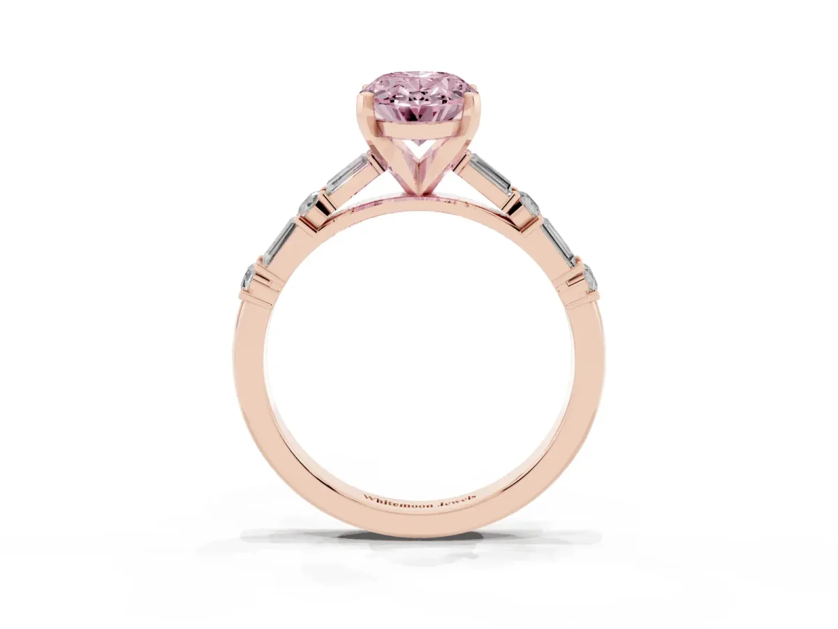Fancy Pink Oval Cut Diamond Solitaire with Side Baguettes and Channel Set Band Rose gold