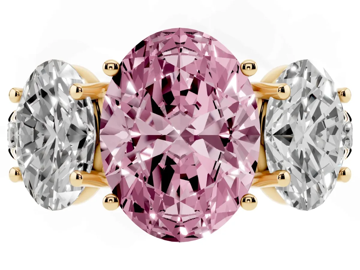 Fancy Pink Three-Stone Oval Cut Diamond Pavé Band with Prong Setting Yellow gold