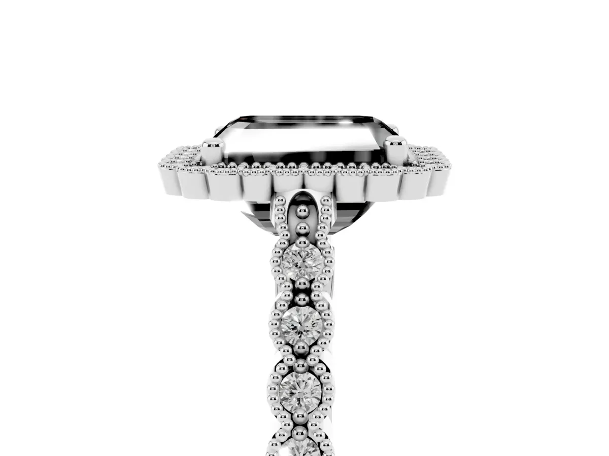 Fancy Black Radiant Cut Cut Halo Pavé Solitaire Ring with Milgrain Band White gold