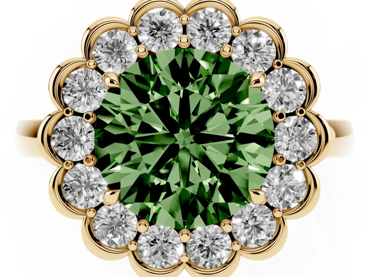 Fancy Green Round Cut Halo Cluster Diamond Engagement Ring with Solitaire Band and Prong Setting Yellow gold
