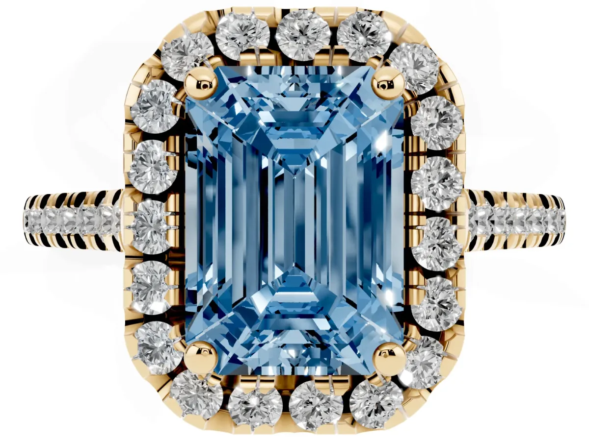 Fancy Blue Emerald Cut Diamond Cushion Halo Ring with Pavé Band Yellow gold