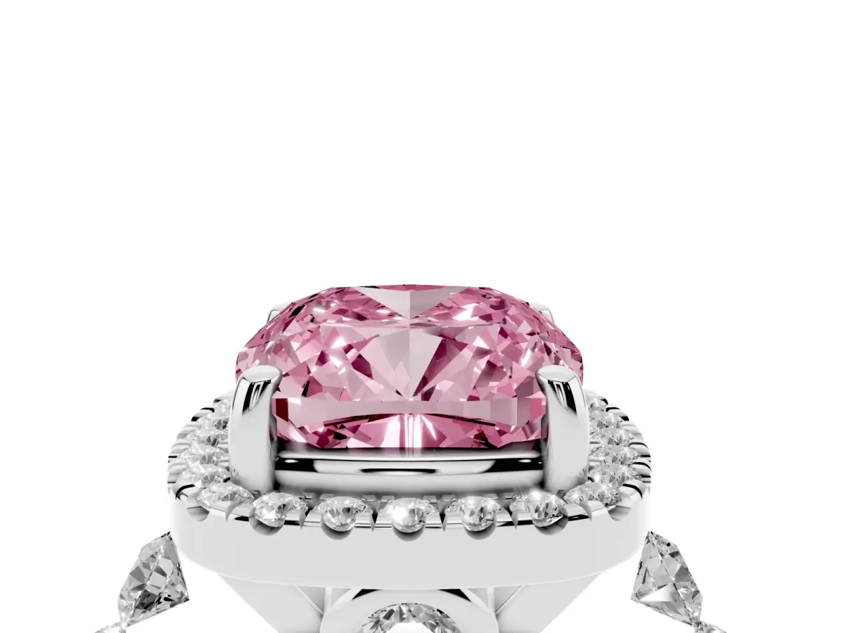 Fancy Pink Cushion Cut Halo Pavé Diamond Engagement Ring with Four-Prong Setting Silver