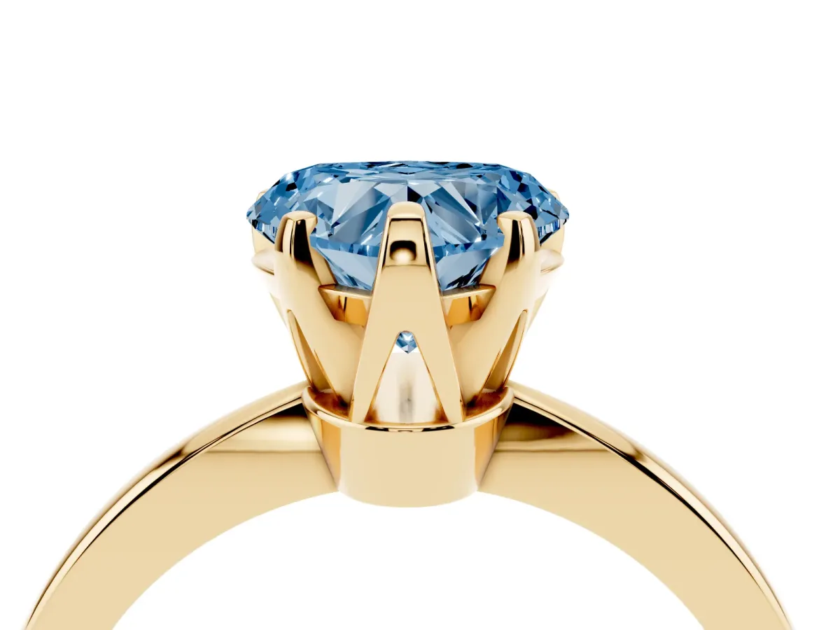 Fancy Blue Heart Cut Solitaire Engagement Ring with Six-Prong Setting and Tapered Band Yellow gold