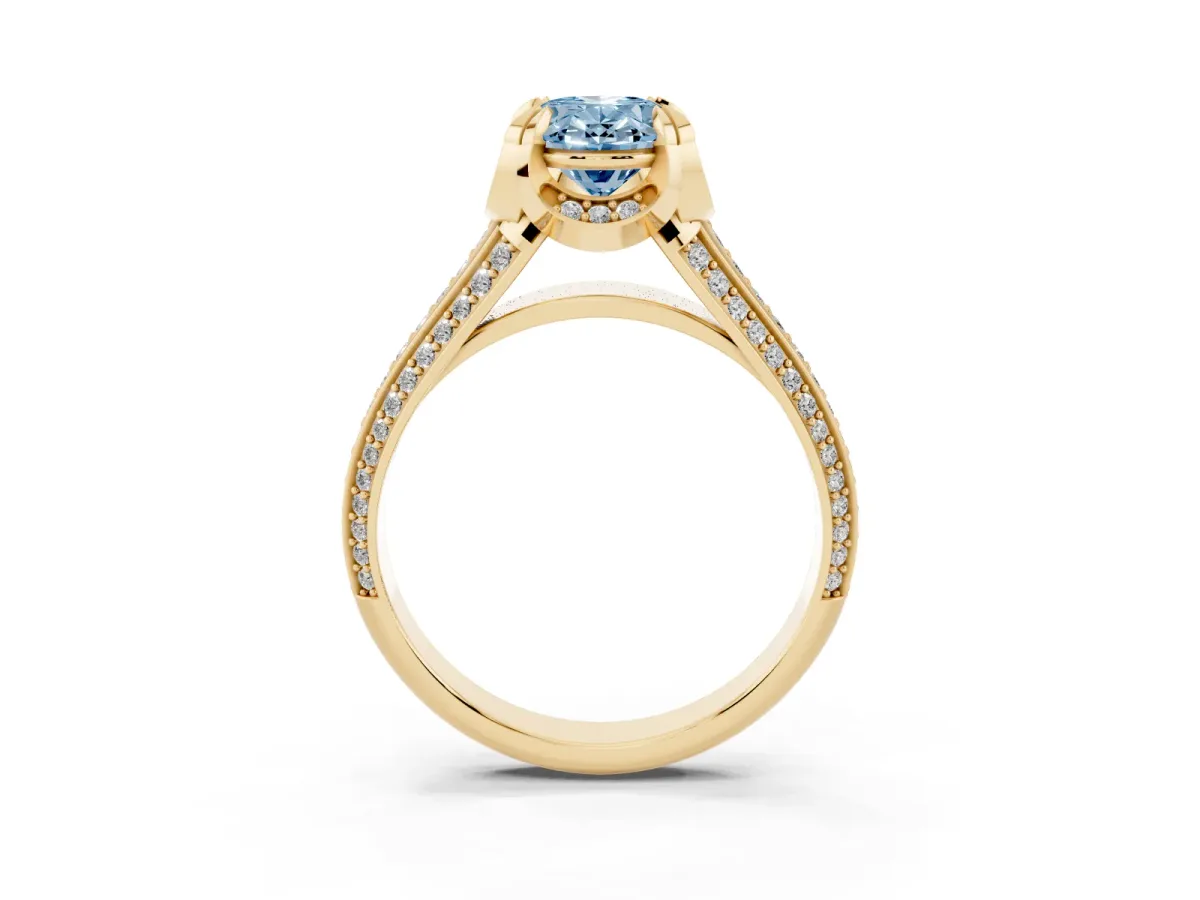 Fancy Blue Oval Cut Solitaire Pave Split Shank Ring with Four-Prong Setting Yellow gold