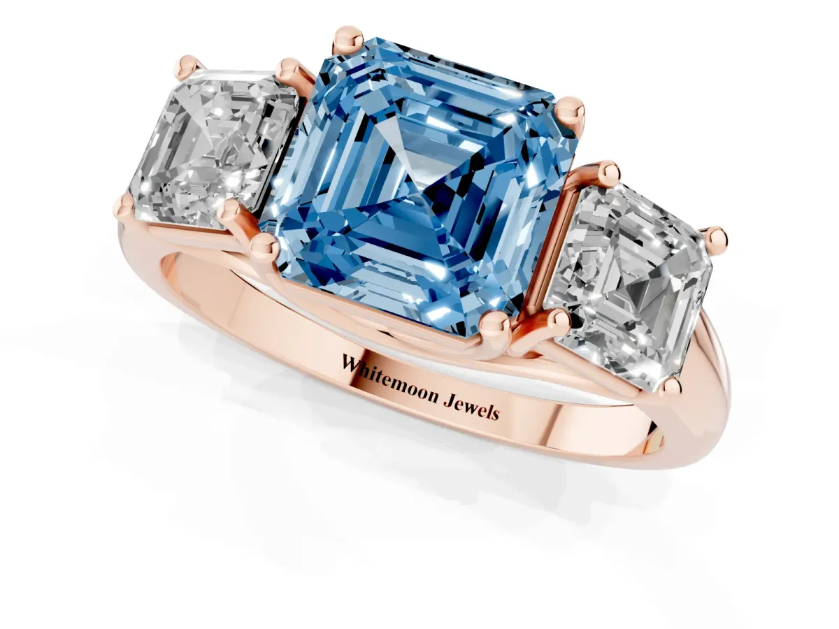 Fancy Blue Three-Stone Asscher Cut Diamond Engagement Ring with Prong Setting Rose gold